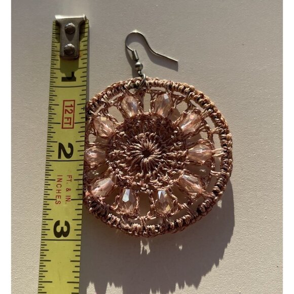 Vintage Crocheted Women’s Hook Earrings Mandela Boho Design Warm Rose Glass - Picture 4 of 11